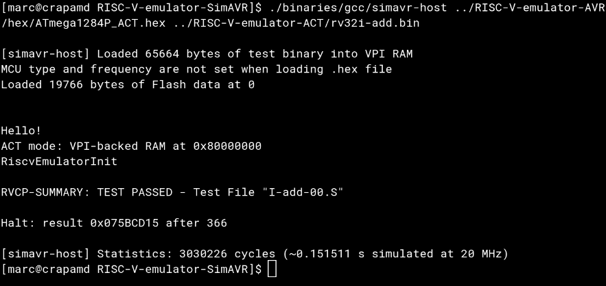 Run RISC-V Architectural Certification Tests on an emulated atmega1284p via simavr.