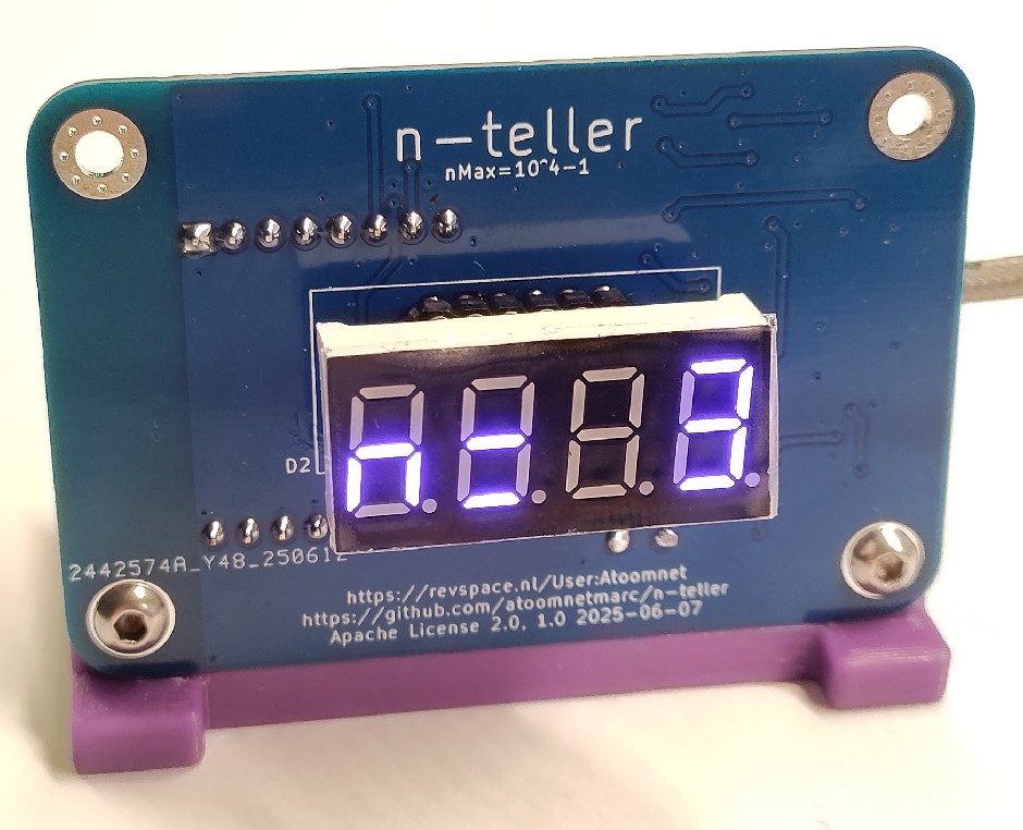 n-teller is an IoT device that displays the number of checked in participants and visitors at the hackerspace called Revelation Space (or RevSpace).